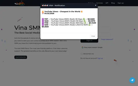 vinasmm.com homepage