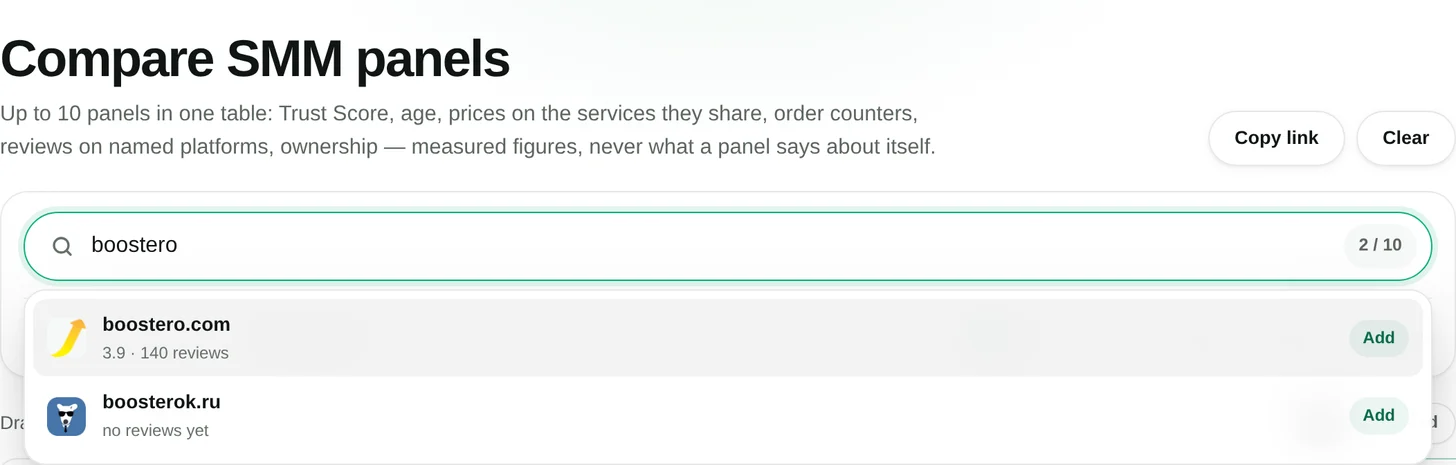 Typing a panel name into the comparison search box, with suggestions and an Add button next to each
