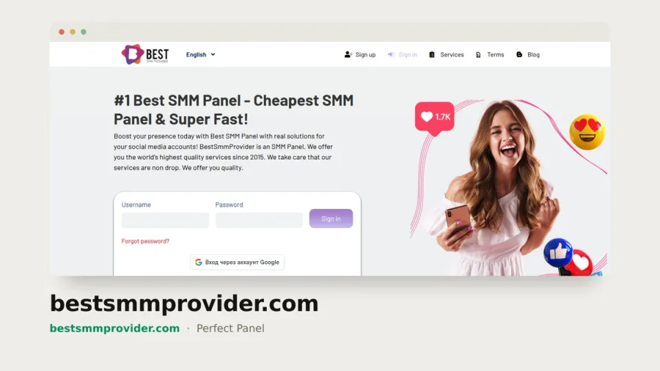 bestsmmprovider.com homepage — #49 most popular SMM panel of 2026 by real orders