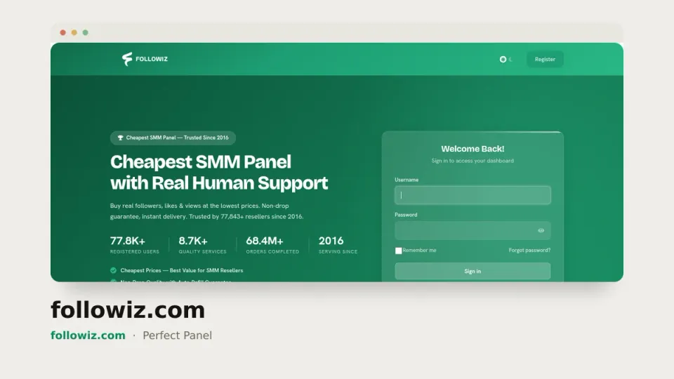 followiz.com homepage — #50 most popular SMM panel of 2026 by real orders