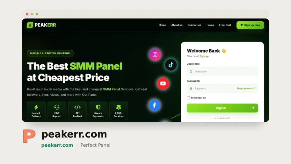 peakerr.com homepage — #39 most popular SMM panel of 2026 by real orders