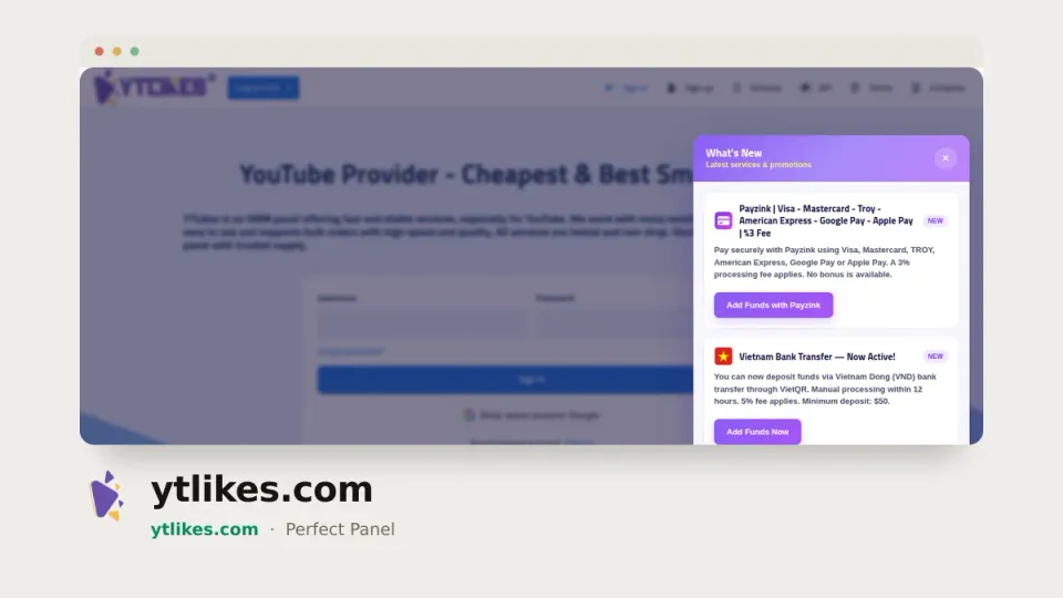 ytlikes.com homepage — #33 most popular SMM panel of 2026 by real orders